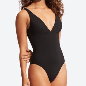 Seafolly Collective Swimsuit 8 Black V Neck One Piece Minimalist Sexy Classic